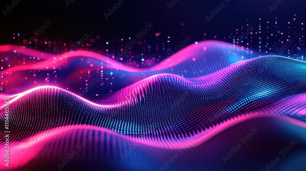 Poster abstract neon pixelated waves, featuring glowing lines and squares in neon hues, evoking movement an