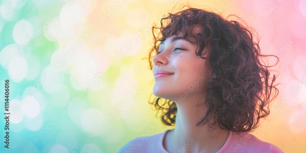 Poster a portrait with a soft, colorful background of pastel gradients, adding a calming and visually appea