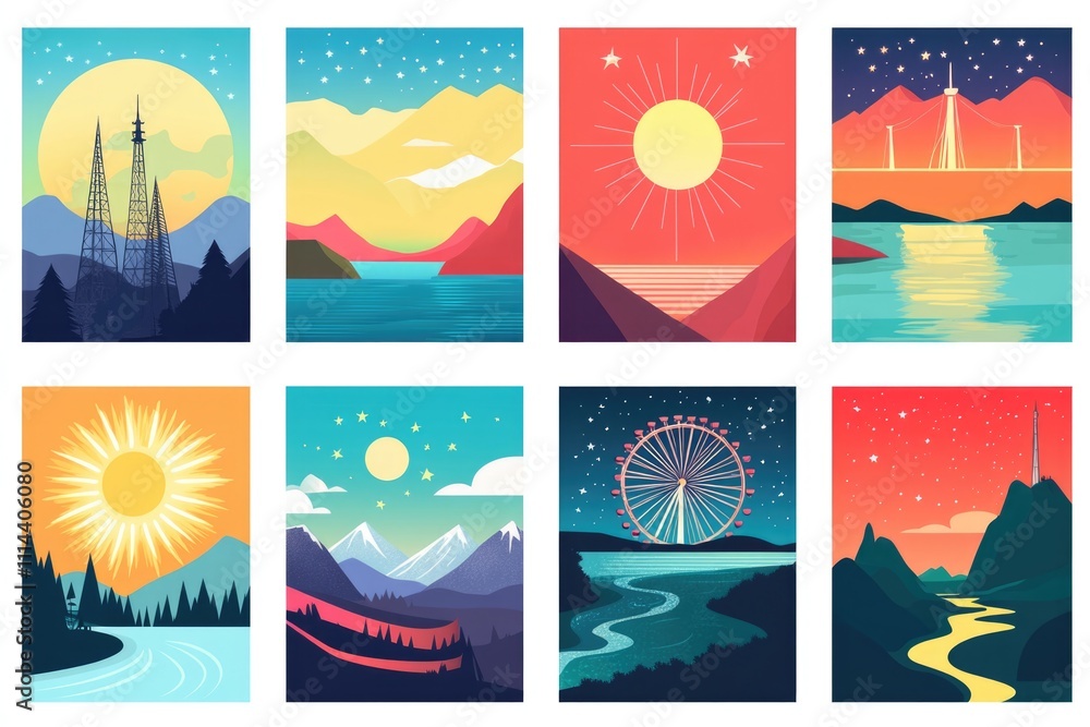 Aufkleber a collection of serene mountain and lake scenes with various water and land forms