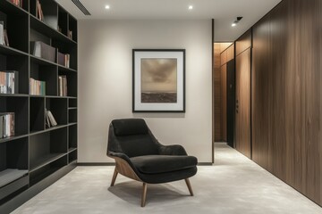 Modern Minimalist Interior with Poster Mockup Frame, Black Armchair, and Bookcase. Neutral Palette and Soft Lighting.