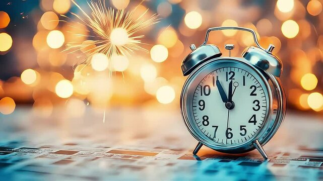 Classic metal alarm clock with sparkling bokeh background.
