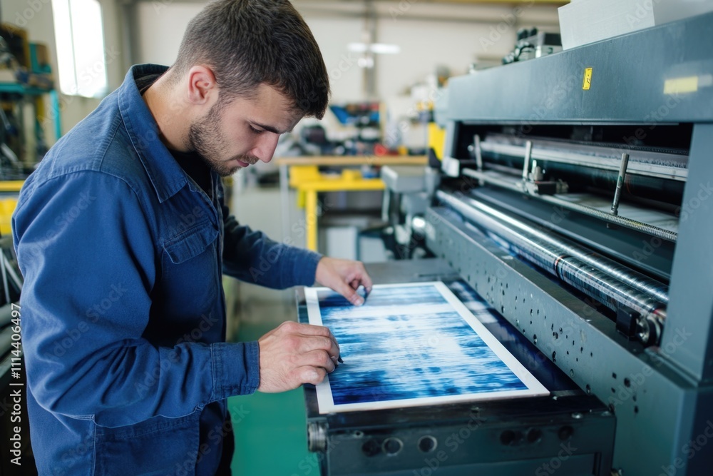Poster a worker prints on machinery in a factory setting