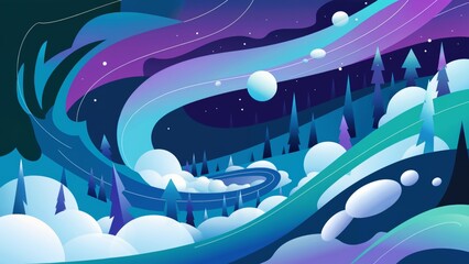 Abstract Winter Landscape with Flowing Aurora and Geometric Snow Elements