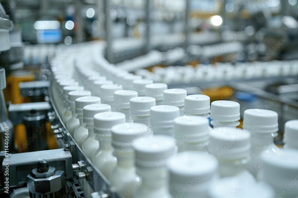 Poster a conveyor belt carrying numerous bottles of milk, ideal for use in food or beverage related context