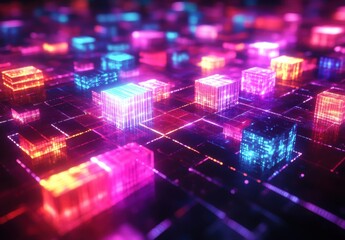 Obraz premium Vibrant Abstract Digital Cubes with Neon Glow and Illuminated Grid Representing a Futuristic Technology Concept and Data Visualization in a 3D Space
