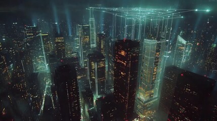 Futuristic cityscape at night with digital network overlay.