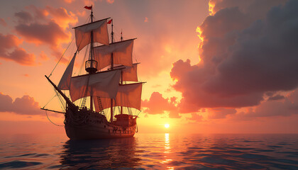 Fototapeta premium Highly detailed photorealistic image of a medieval ship with masts and sails at sunset, close-up of deck and anchor