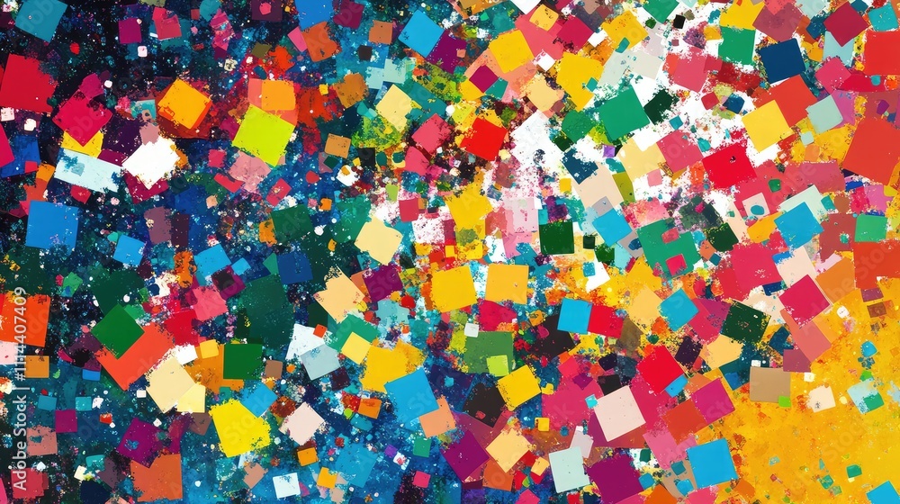 Poster an abstract low-res digital art creation featuring scattered fragmented pixels in a variety of brigh