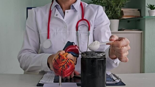 Cardiologist and hearts and spoon powder over the jar. Proteins and amino acids cardiovascular health. Whey protein and heart 