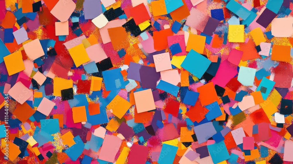 Poster an abstract low-res digital art creation featuring scattered fragmented pixels in a variety of brigh