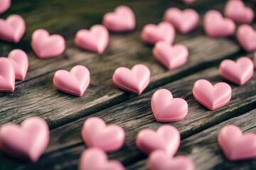 Obraz premium A wooden table covered with many pink hearts, great for romantic occasions or as a decorative piece