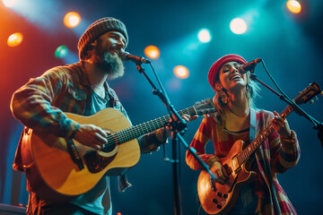 Obraz premium Musicians perform on stage during a lively concert at night. Generative AI