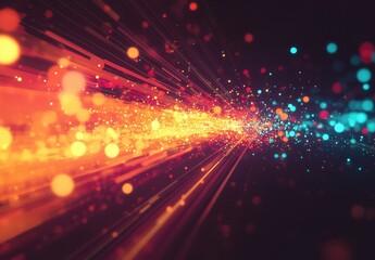 Fototapeta premium Vibrant Light Rays with Bokeh Effect Creating a Dynamic Backdrop of Red, Orange, and Blue Particles in Motion for Creative Projects and Designs