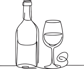 Line Drawing Art Minimalist Bottle, Glass, Wine & Liquor Beverage Illustration