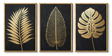 Three framed gold leaf prints on black backgrounds depict a palm frond, tropical leaf, and monstera deliciosa. Elegant and modern wall art.