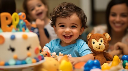 Fototapeta premium A baby is sitting at a table with a birthday cake and a stuffed animal
