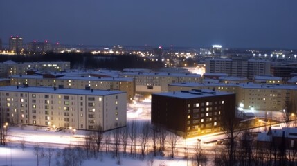 Snowy city at night, illuminated apartment buildings, winter scene.