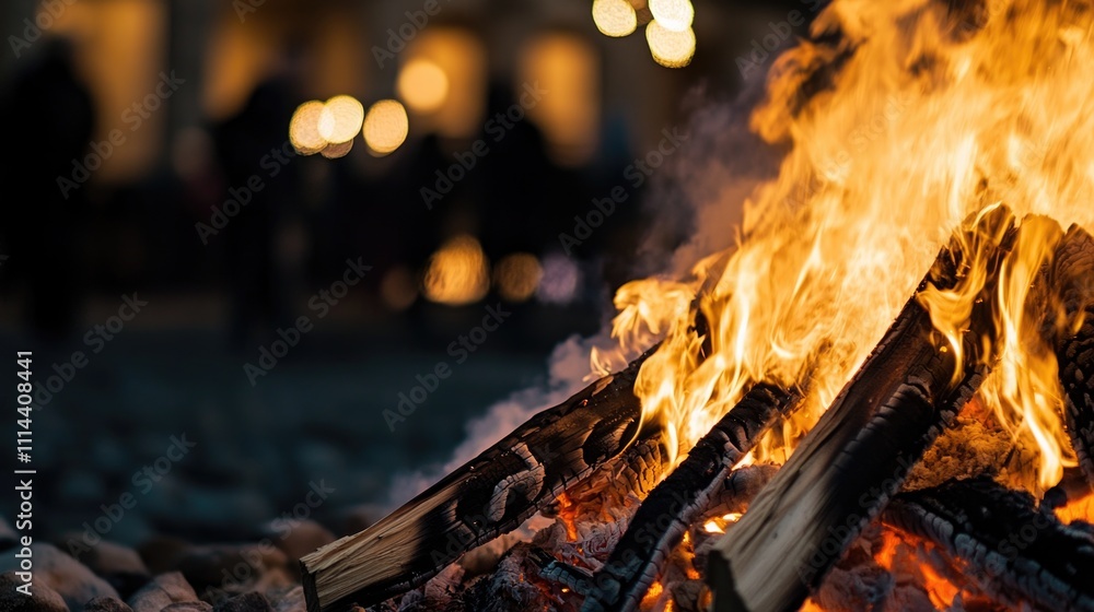 Poster close-up shot of a fire with people in the background, suitable for use in images related to warmth,