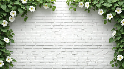 White brick wall background with plants and flowers framing it
