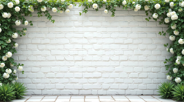 White brick wall background with plants and flowers framing it