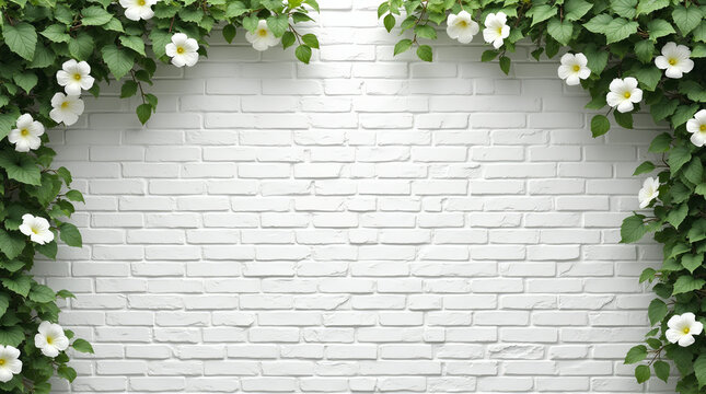 White brick wall background with plants and flowers framing it