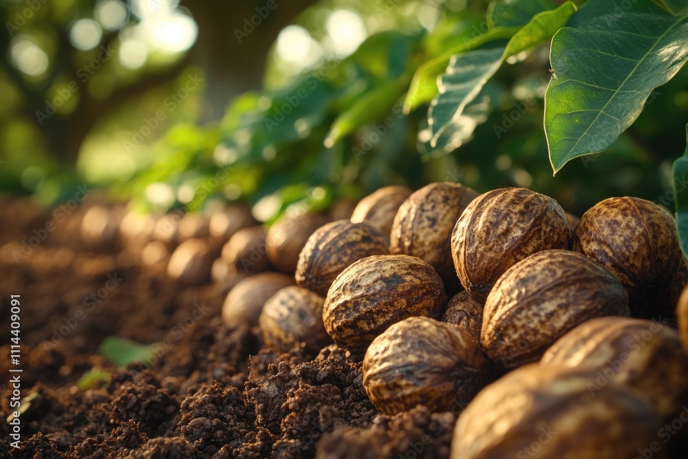 Poster a heap of nuts situated atop a mound of earth, great for editorial or commercial use as a symbol or 