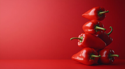 Red peppers stacked on a vibrant red background creating a bold and striking visual composition
