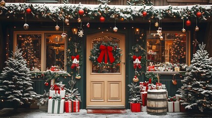 Cozy Christmas Cottage: A charming home exterior adorned with festive decorations, including a wreath, ornaments, presents, and snow-dusted trees, creating a warm and inviting holiday scene. 