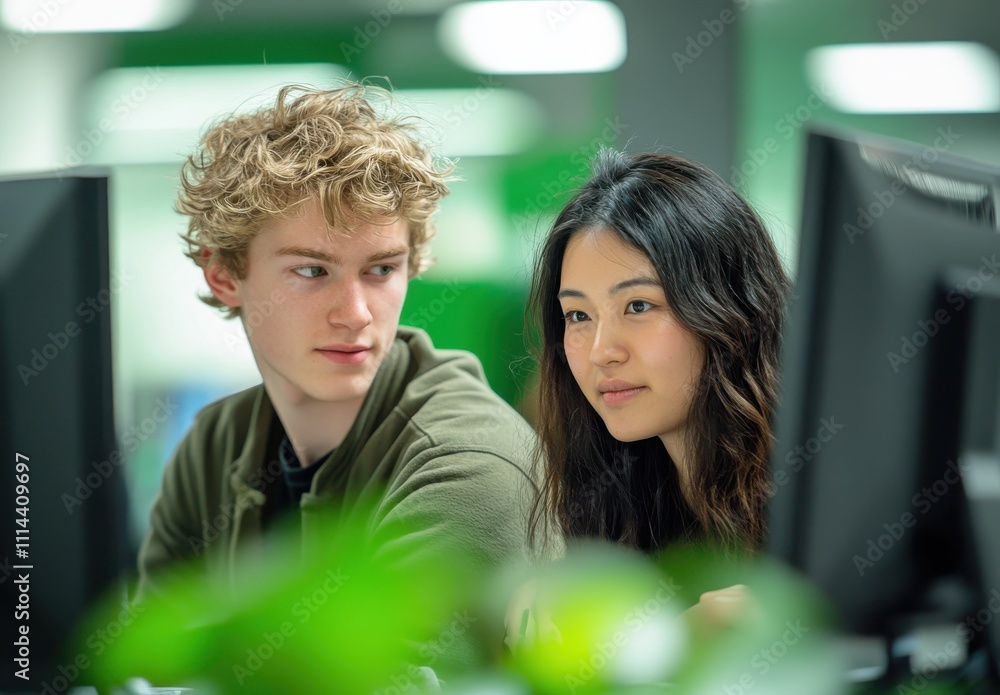 Aufkleber young students engaged in focused conversation while working on computer in modern classroom environ