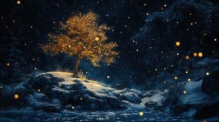 Glowing Tree in Enchanted Snowy Landscape at Night with Sparkles