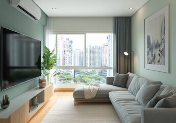 Simple green-themed interior design with blank picture frames on the wall, offering a minimalist aesthetic, calm ambiance, and a creative space for personalized decoration.