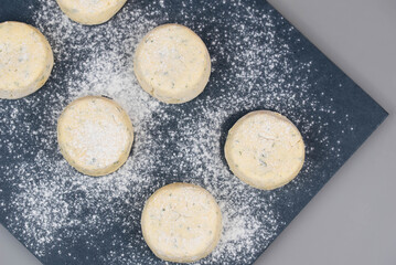 Frozen syrniki (cottage cheese pancakes) flavored with creamy cheese and dill on a dark black background, semi-finished and ready for cooking. 