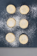 Frozen syrniki (cottage cheese pancakes) flavored with creamy cheese and dill on a dark black background, semi-finished and ready for cooking. 