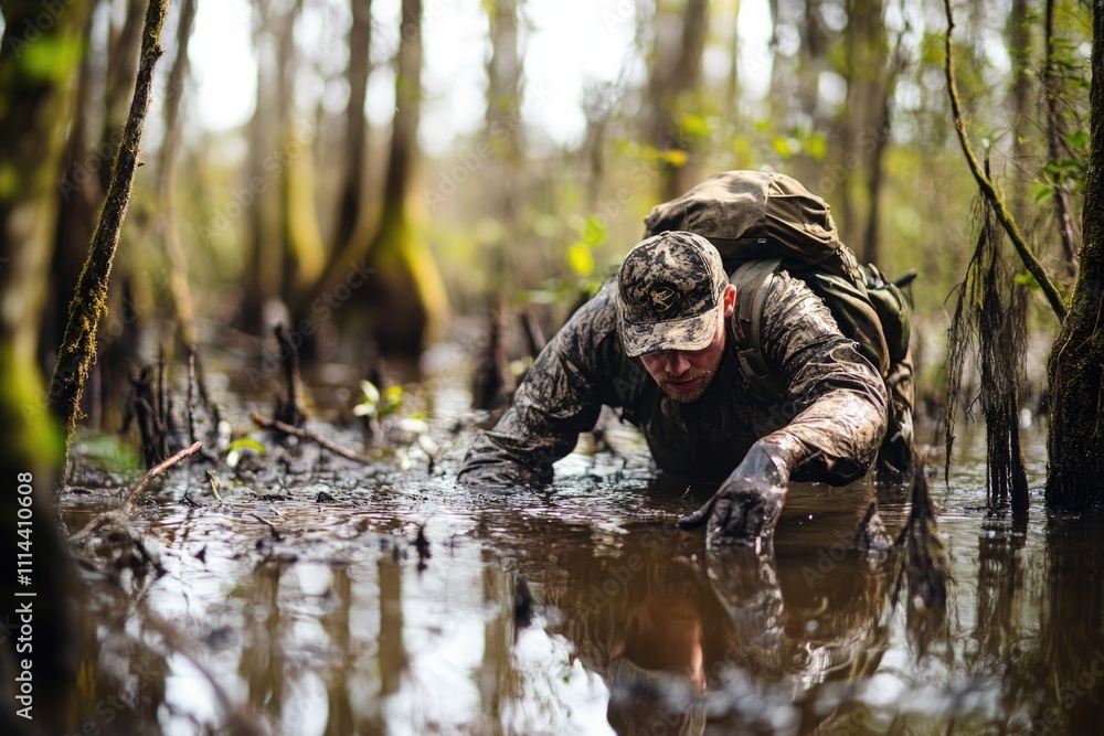 Poster a person with a backpack navigates through a patch of water on the ground