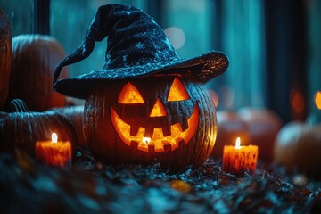A carved Halloween pumpkin with a witch's hat and candles, perfect for fall decorations or spooky themed events