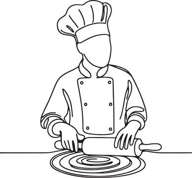 recommend clip art: Line Drawing of Chef Rolling Pizza Dough with Wooden Rolling Pin - Bakery Art Illustration