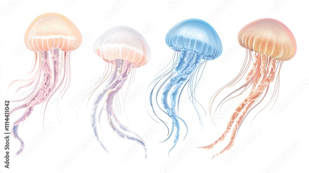 Poster a group of jellyfish floating on a white surface