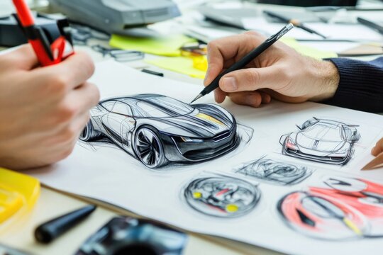 A person sketching a car design on a piece of paper, ideal for illustrating creative process or brainstorming