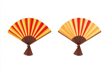 Red and yellow striped folding fan. Vector illustration flat icon design on white background, two different angles.