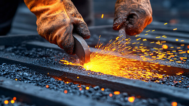 Workers using thermite to weld railroad tracks creating bright sparks