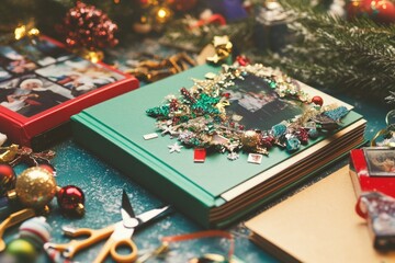 Obraz premium A green book sits on a table next to a decorated Christmas tree