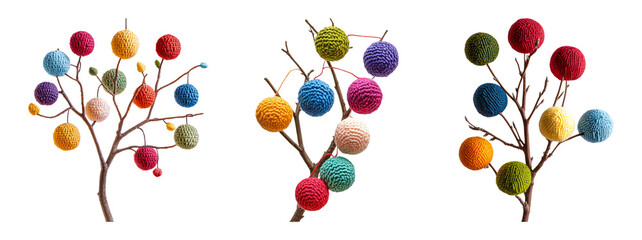 Colorful Crochet Balls on Transparent Background