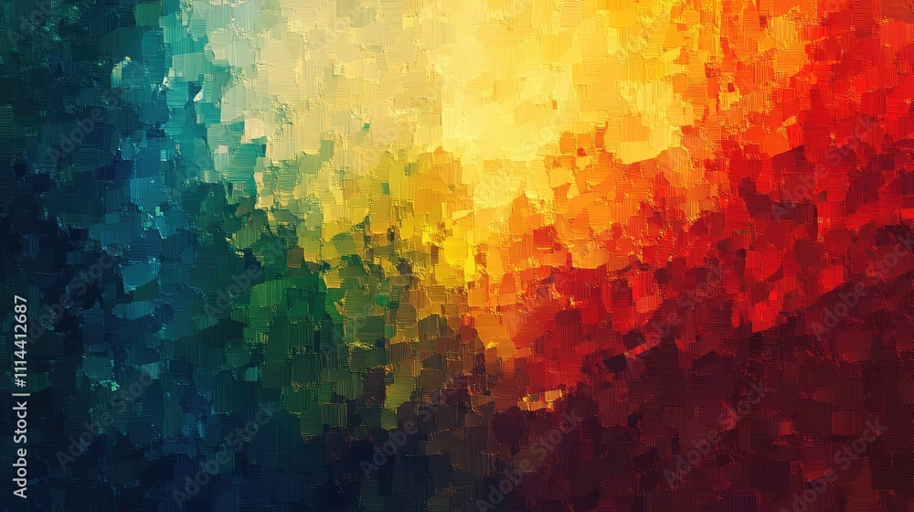 Poster an abstract low-resolution digital art piece with pixelated shapes and vibrant color gradients blend