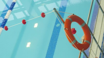 Orange lifebuoy hangs on a metal stand beside a calm, blue swimming pool. The tranquil water reflects the serene environment, emphasizing safety and leisure. sports in our life. healthy lifestyle. 4 k