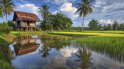 Obraz premium Tranquil Rural Scene With Stilt House And Rice Paddies