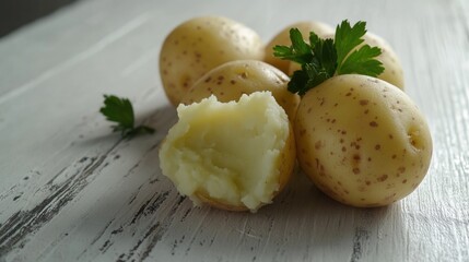 A close-up view of three potatoes sitting on a table, ready for use or display