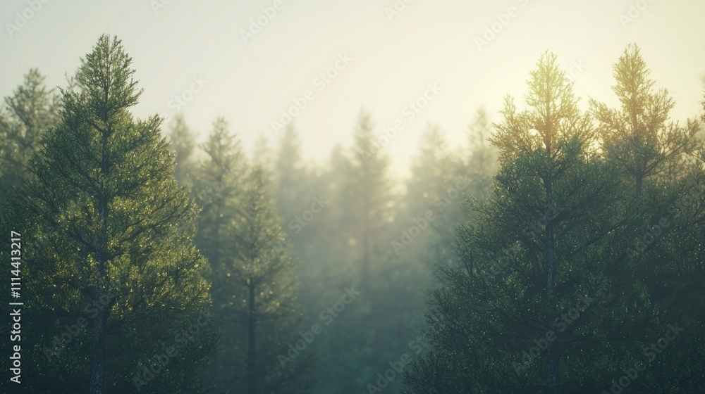 Poster a tranquil nature background with a forest of tall trees and soft sunlight, creating a peaceful and 