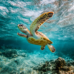 Obraz premium Underwater view of a graceful sea turtle gliding above coral reefs in crystal-clear tropical ocean waters, showcasing marine life