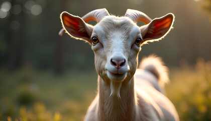 Fototapeta premium Photorealistic portrait of a goat showcasing ultra-realism with cinematic color grading in a natural setting