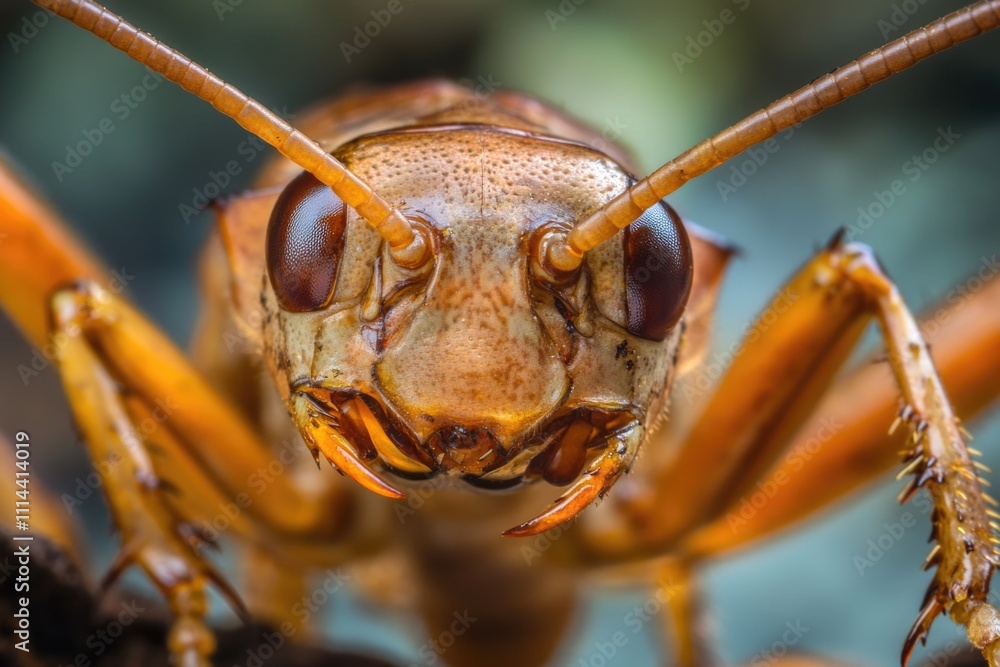 Poster a detailed view of a insect's facial features with a blurred out environment